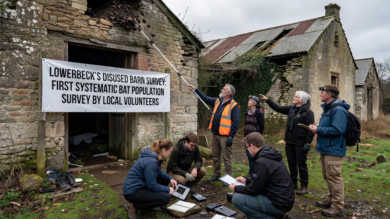 Volunteers using bat detectors and notebooks during an evening survey session at one of Lowerbeck's abandoned barns